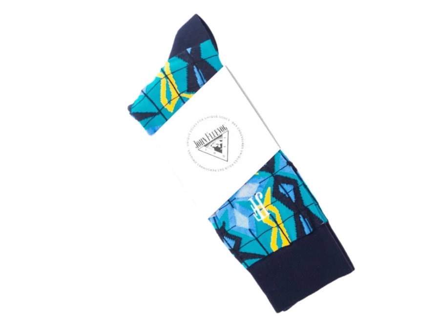 Fluevog Shoes Blue Geometric Knit Socks | Cerebral Vog Pattern Design