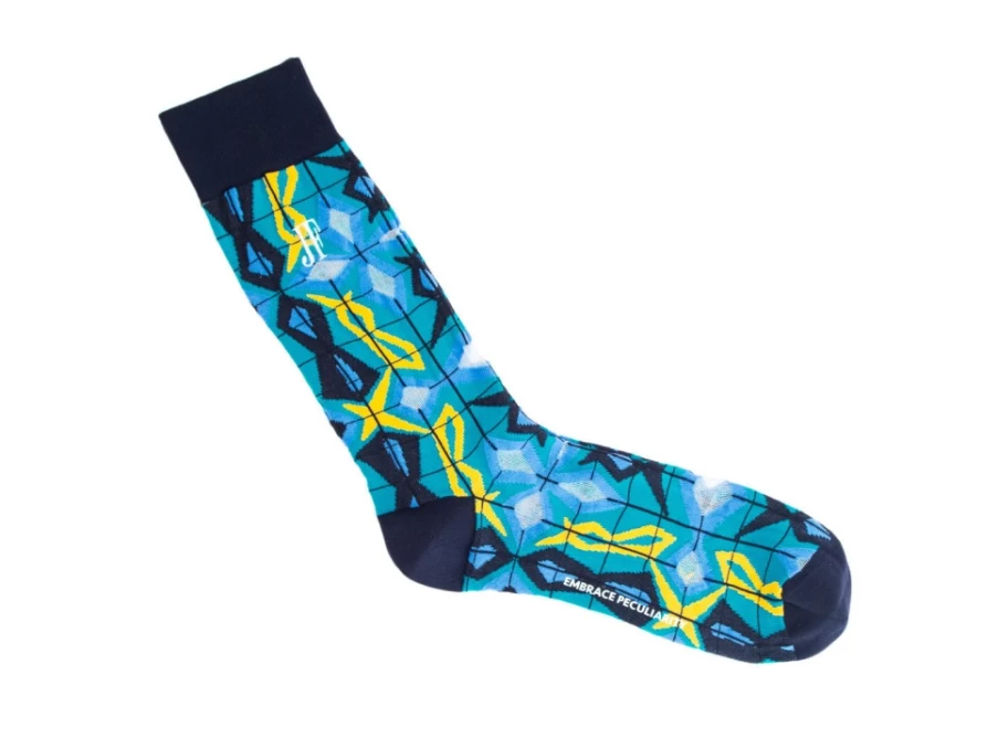 Fluevog Shoes Blue Geometric Knit Socks | Cerebral Vog Pattern Design