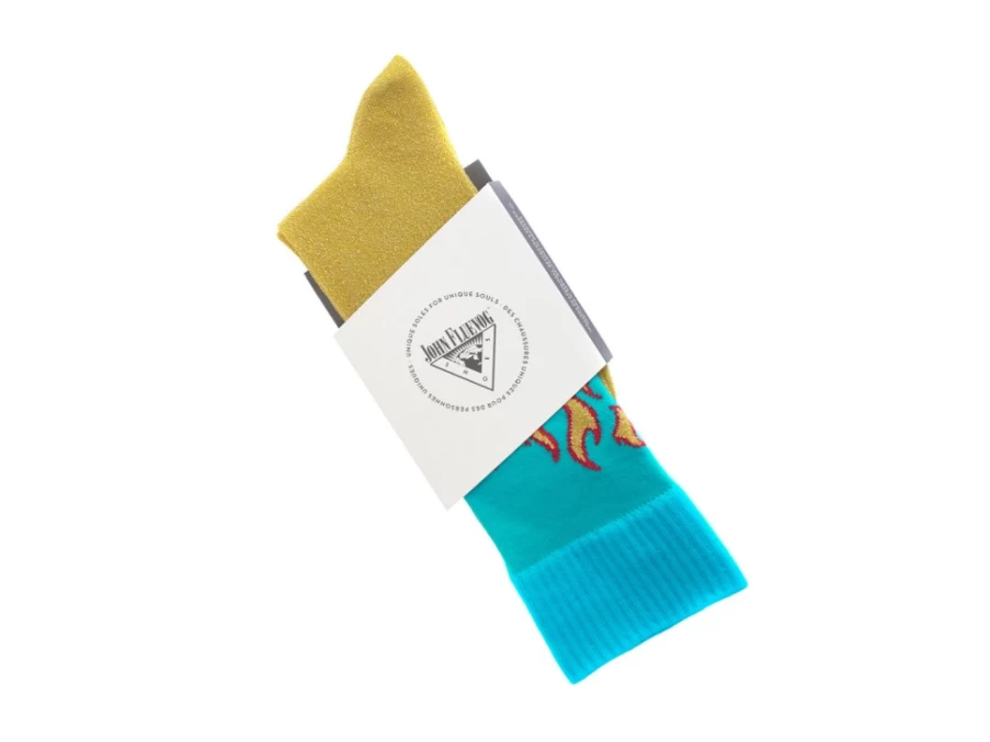Fluevog Shoes Pico Vog Sparkly Flame Socks - Yellow & Blue Glitter Socks for Women & Men