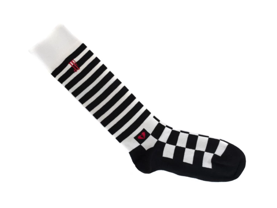Fluevog Shoes Domino Vog Socks - Black/White Striped and Checkered Pattern Socks