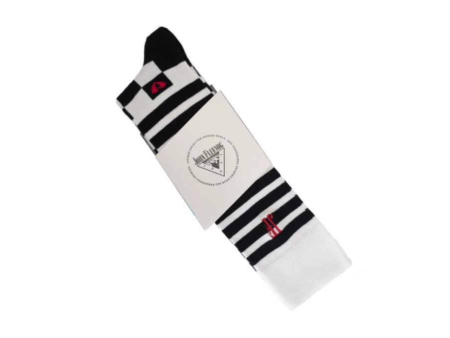 Fluevog Shoes Domino Vog Socks - Black/White Striped and Checkered Pattern Socks