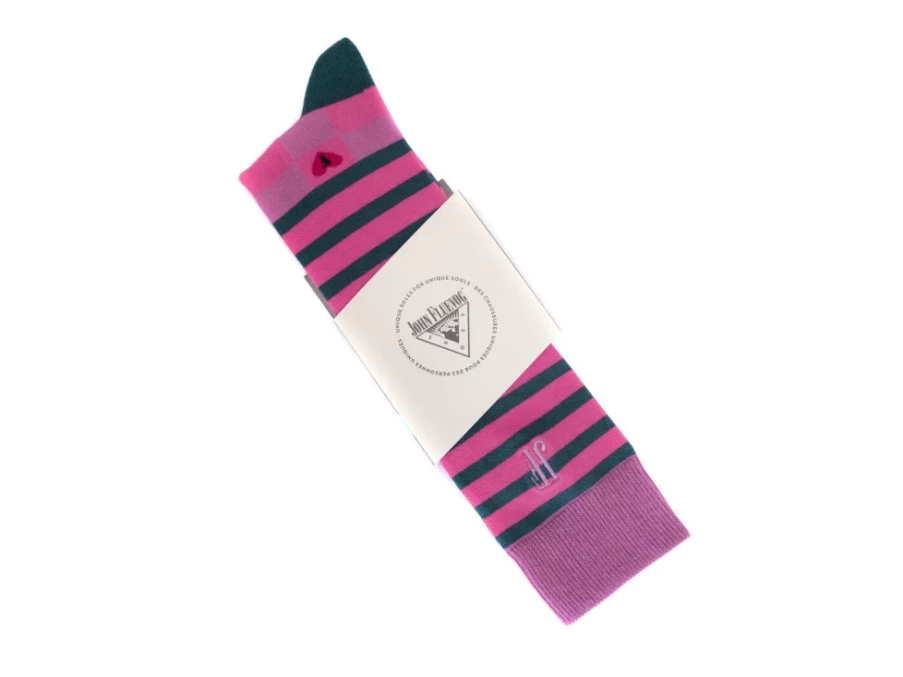 Fluevog Shoes Domino Vog Socks - Pink and Blue Striped Checkered Pattern Socks