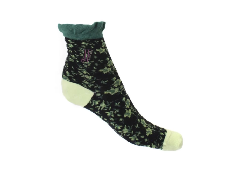 Fluevog Shoes Green/Black Floral Ruffle Socks | Purrcy Vog Socks for Women