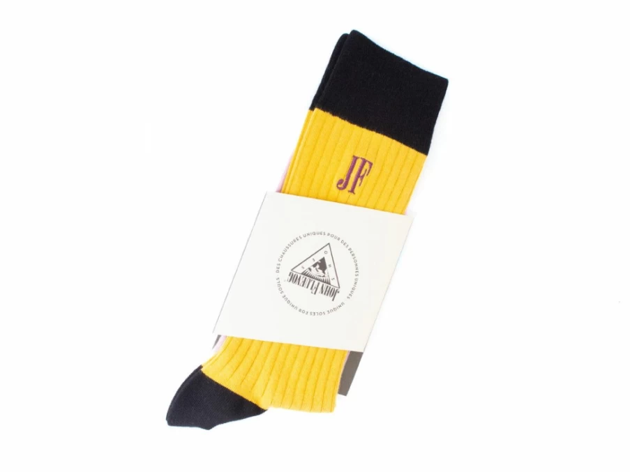 Fluevog Shoes Archer Vog Colourblock Socks - Yellow Bold Patterned Crew Socks for Men & Women