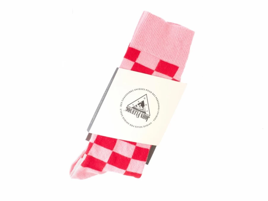 Fluevog Shoes Diego Vog Checkered Socks - Pink and Red Patterned Casual Socks