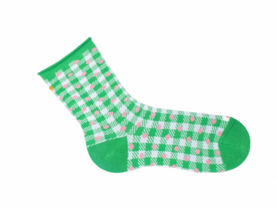 Fluevog Shoes Valentina Vog Socks | White/Green Gingham Polka Dot Pattern Socks for Women