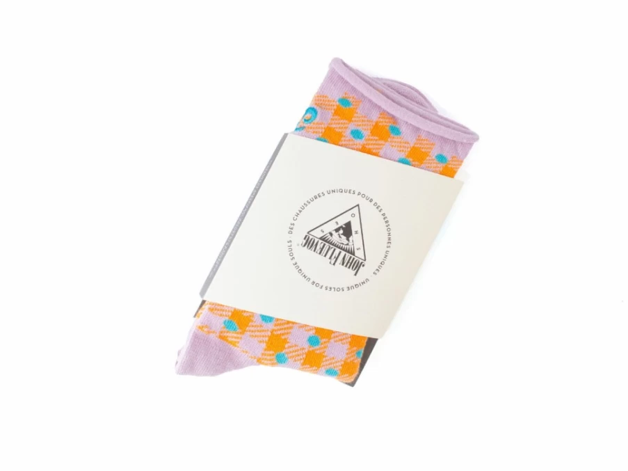 Fluevog Shoes Valentina Vog Socks - Orange & Lavender Gingham Polka Dot Pattern