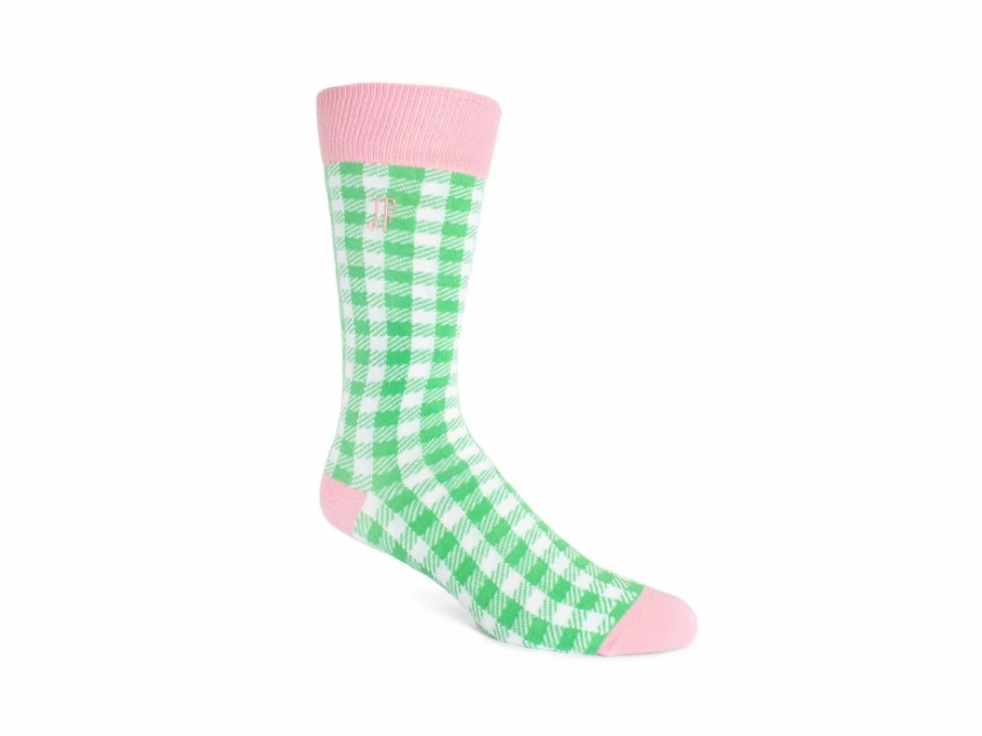 Fluevog Shoes Leroy Vog Gingham Socks - White/Green Checkered Pattern Crew Socks
