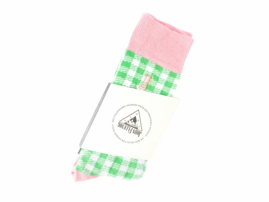 Fluevog Shoes Leroy Vog Gingham Socks - White/Green Checkered Pattern Crew Socks