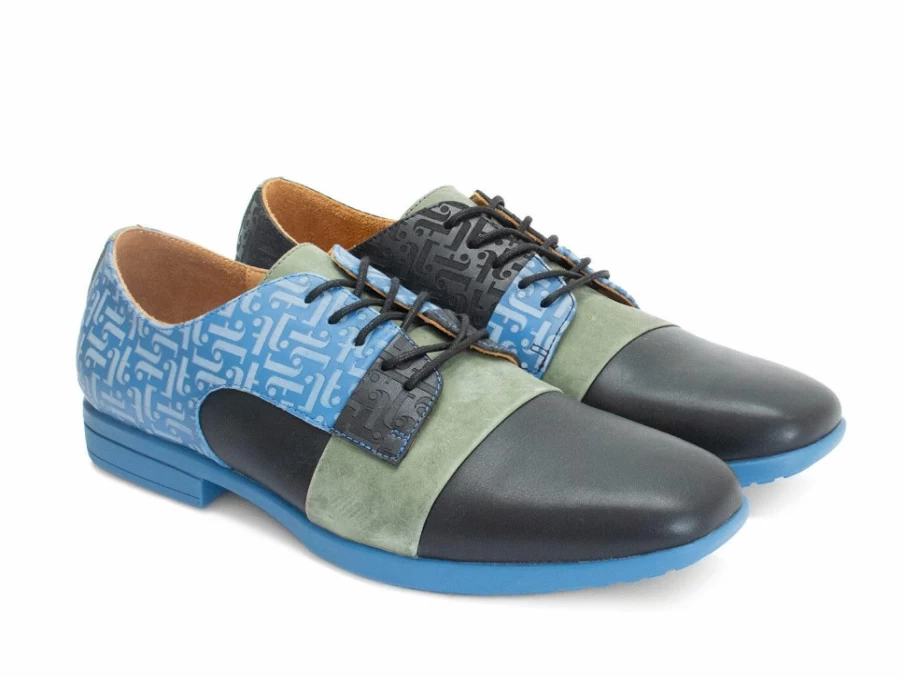 Fluevog Shoes Fuller Colourblock Lace-Up Sneakers in Blue, Green, and Black
