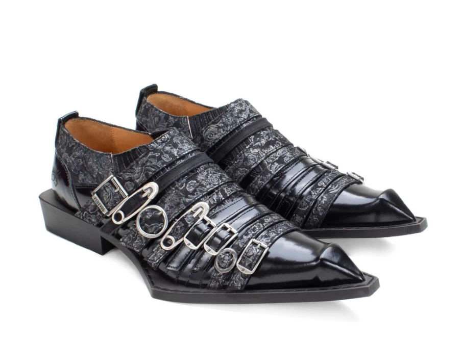 Fluevog Shoes Ozzy Slip-On Swordfish Buckle Black Leather Loafers