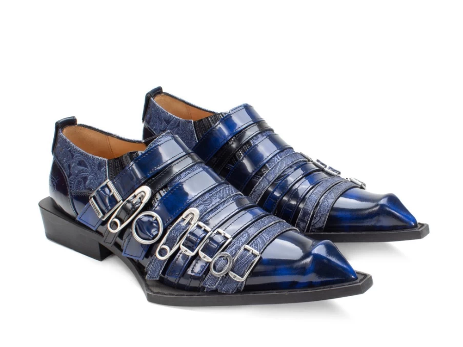 Fluevog Shoes Ozzy Slip-On Swordfish Buckle Shoe in Blue | Casual Comfort Loafers