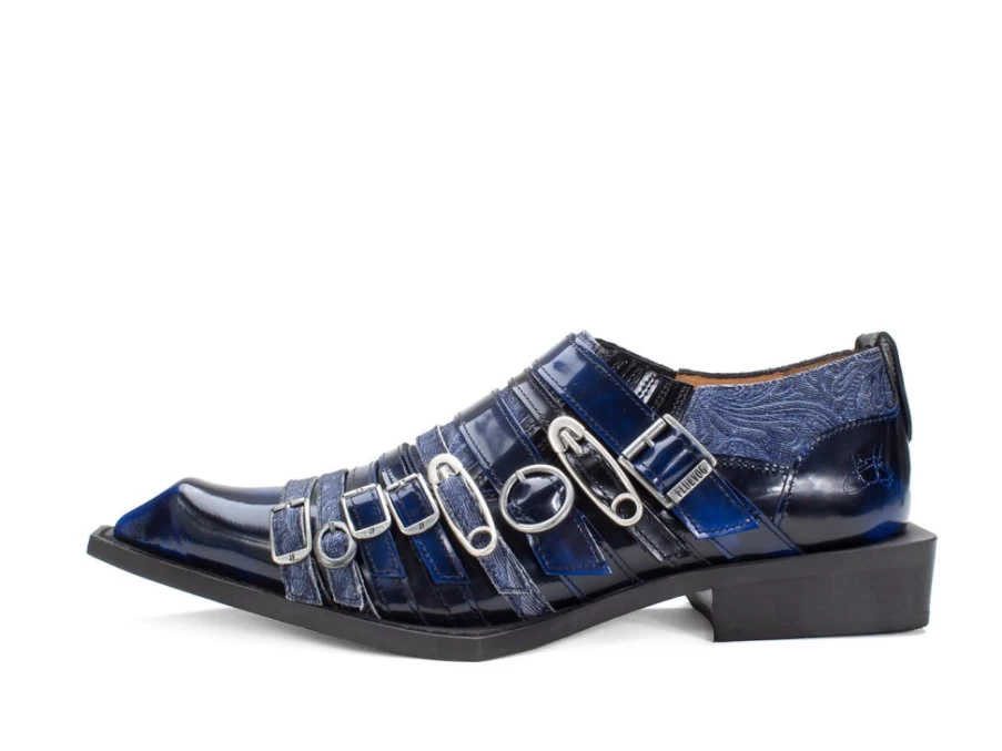 Fluevog Shoes Ozzy Slip-On Swordfish Buckle Shoe in Blue | Casual Comfort Loafers