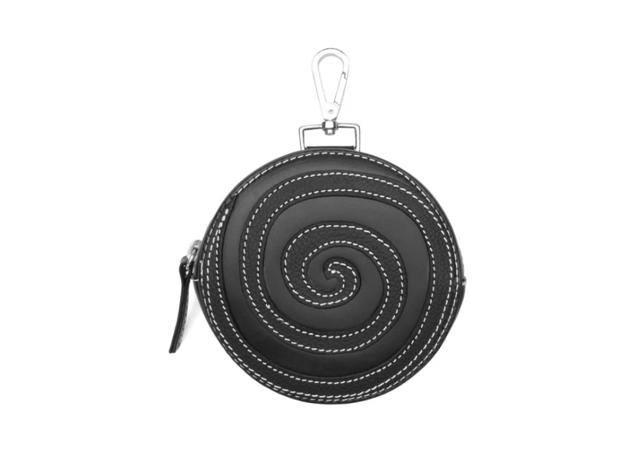 Fluevog Shoes Black Round Clip-On Pouch | Kitty Design Handbag for Women
