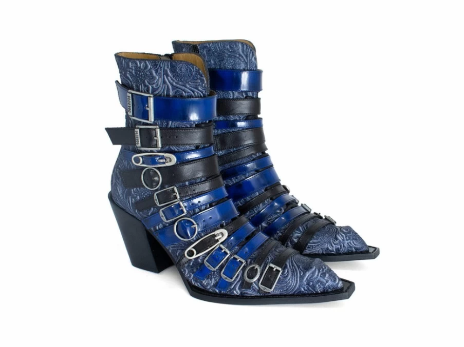 Fluevog Blue Zip-Up Ankle Boots With Buckles | Conceptual Cookie Design