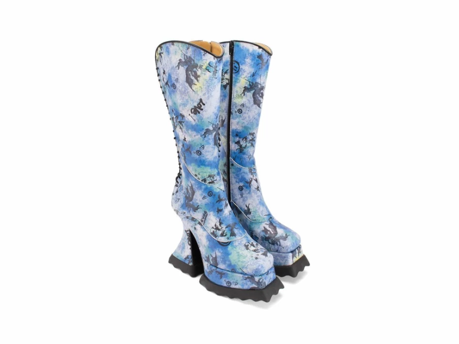 Fluevog Shoes Blue Graffiti Magnolia Zip-Up Platform Tall Boots for Women