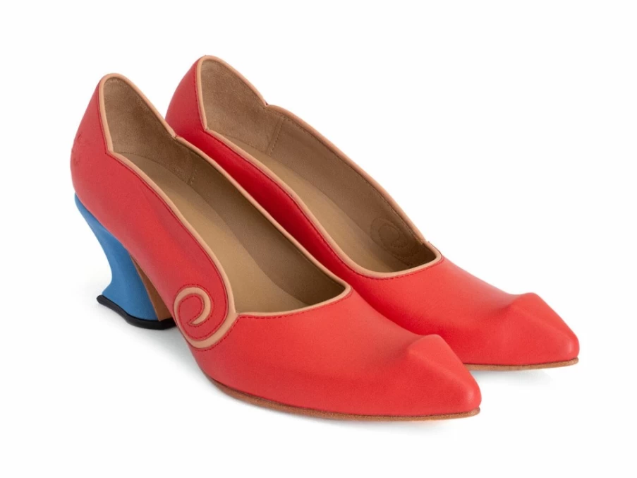 Fluevog Shoes Clara Red Leather Swirl Pump Women's Fashion Heels