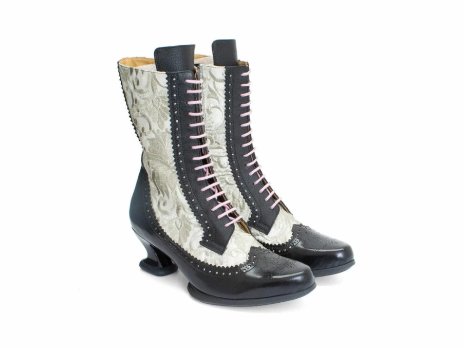 Fluevog Shoes Aura Brogue Tall Boot in Black/Ivory - Stylish Leather Ankle Boots for Women