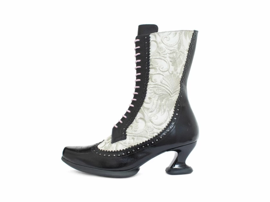 Fluevog Shoes Aura Brogue Tall Boot in Black/Ivory - Stylish Leather Ankle Boots for Women