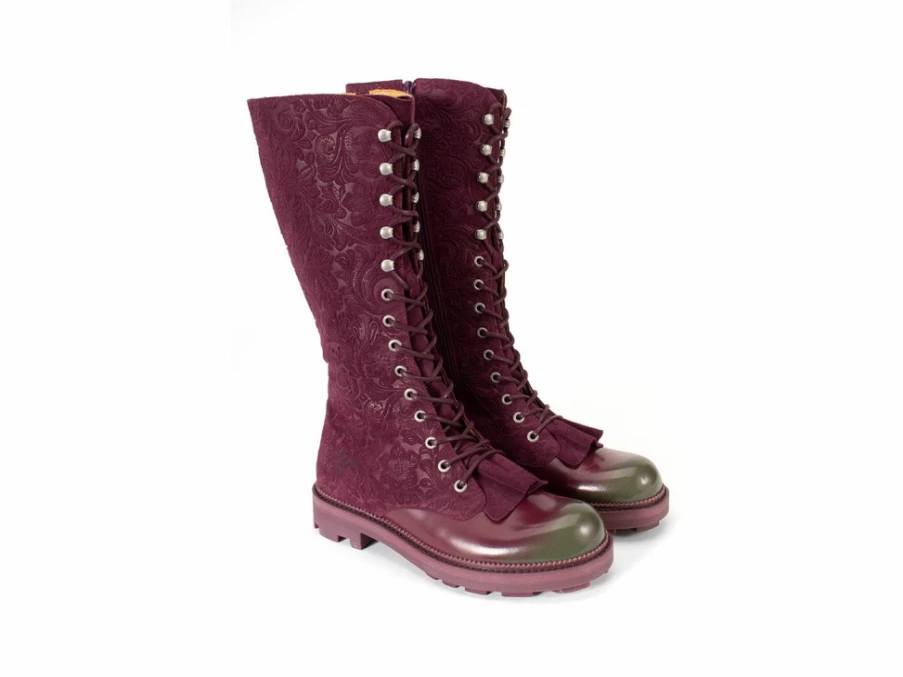 Fluevog Shoes Duffy Tall Boot in Purple/Green with Ruffled Tongue – Stylish & Unique Design