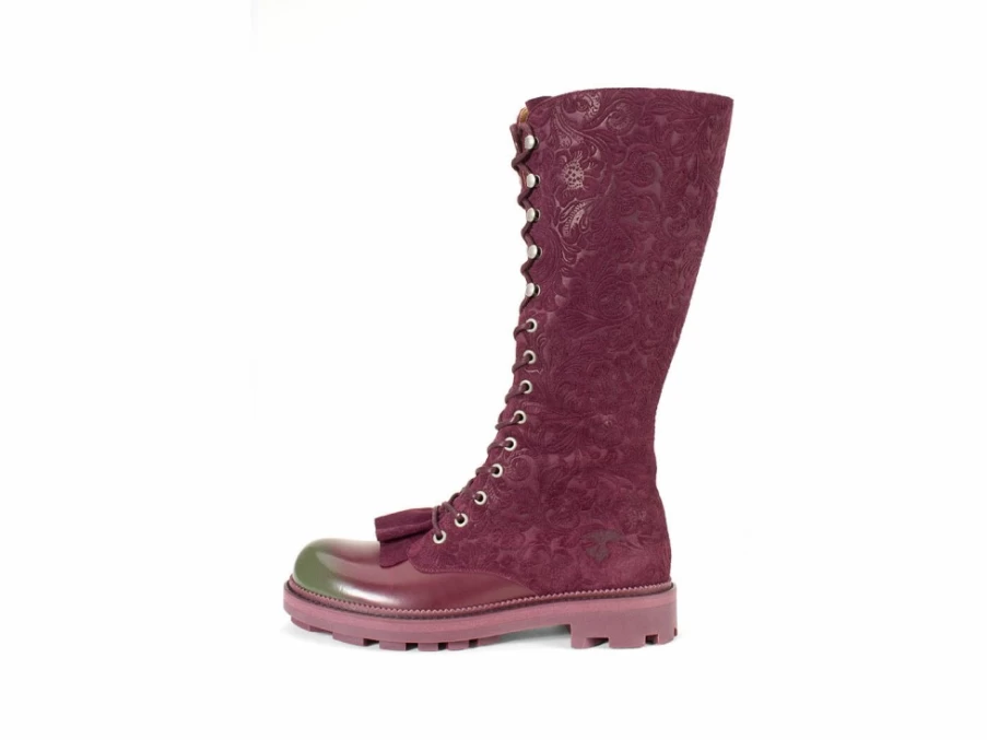 Fluevog Shoes Duffy Tall Boot in Purple/Green with Ruffled Tongue – Stylish & Unique Design