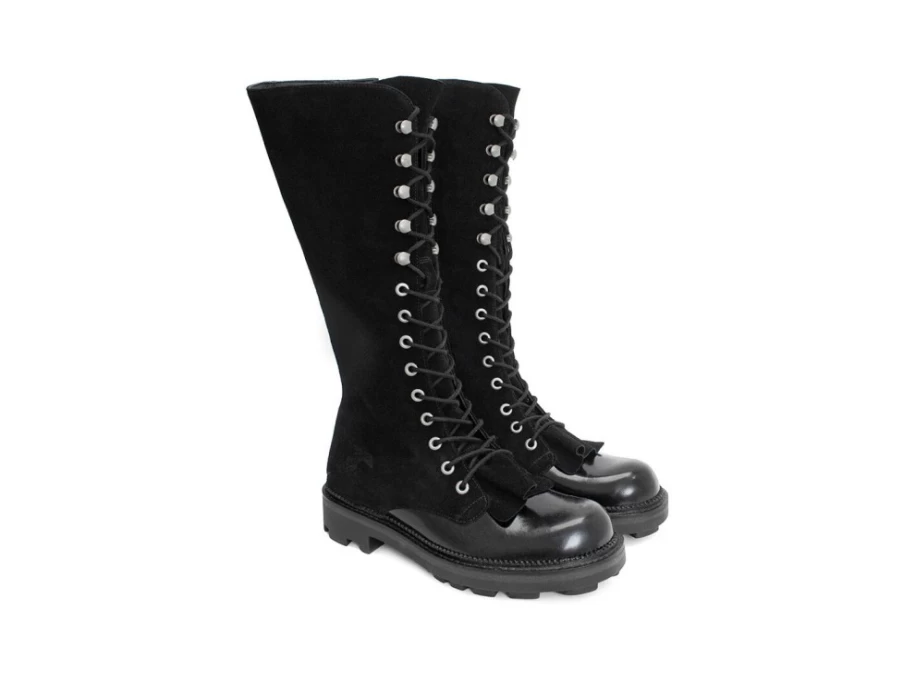 Fluevog Shoes Duffy Black Tall Boots with Ruffled Tongue - Stylish Women's Booties