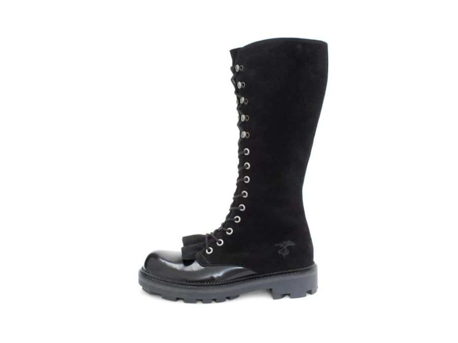 Fluevog Shoes Duffy Black Tall Boots with Ruffled Tongue - Stylish Women's Booties