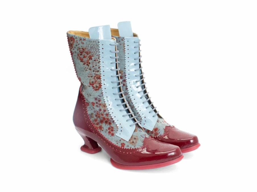 Fluevog Shoes Aura Brogue Tall Boot in Red/Green Floral Pattern - Vintage Style Ankle Boots for Women