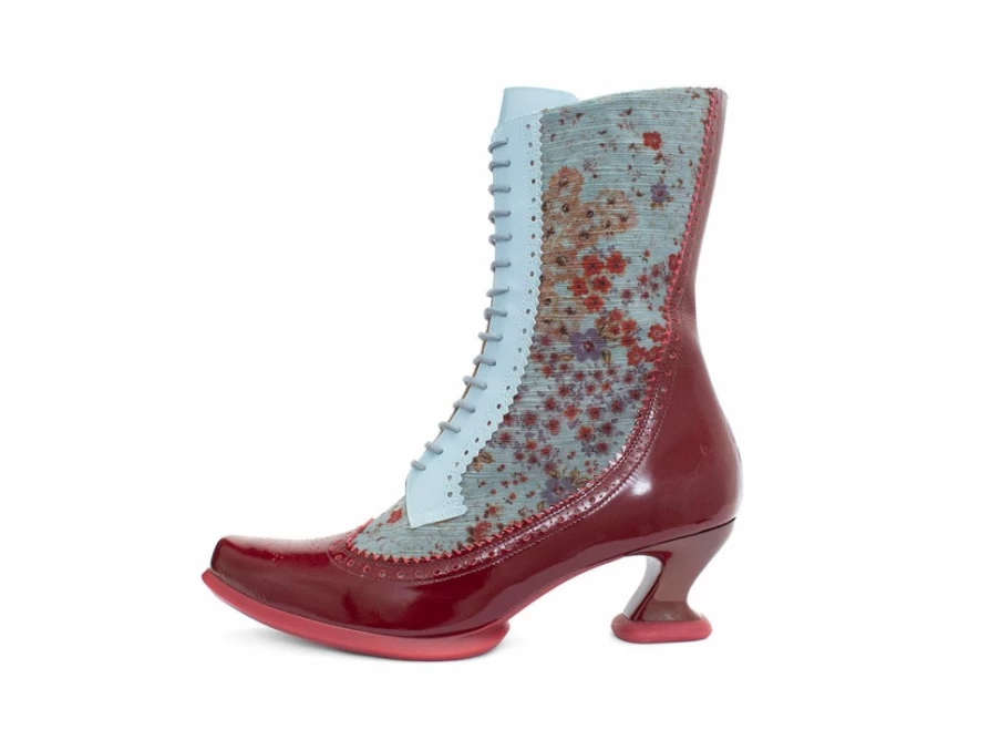 Fluevog Shoes Aura Brogue Tall Boot in Red/Green Floral Pattern - Vintage Style Ankle Boots for Women