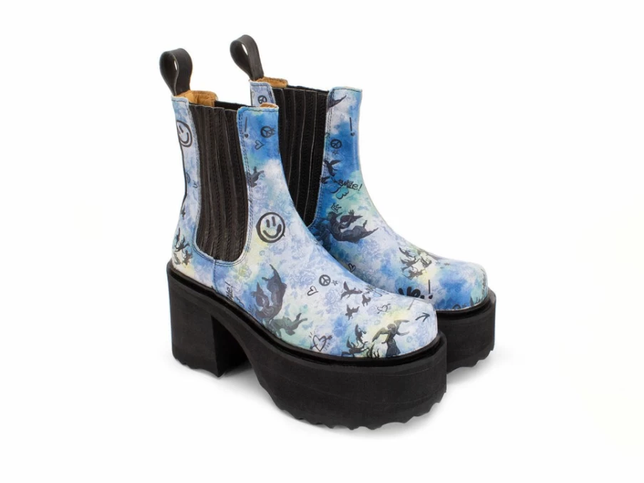 Fluevog Shoes Nerds Platform Chelsea Boot in Blue Graffiti - Stylish & Comfortable Ankle Boots