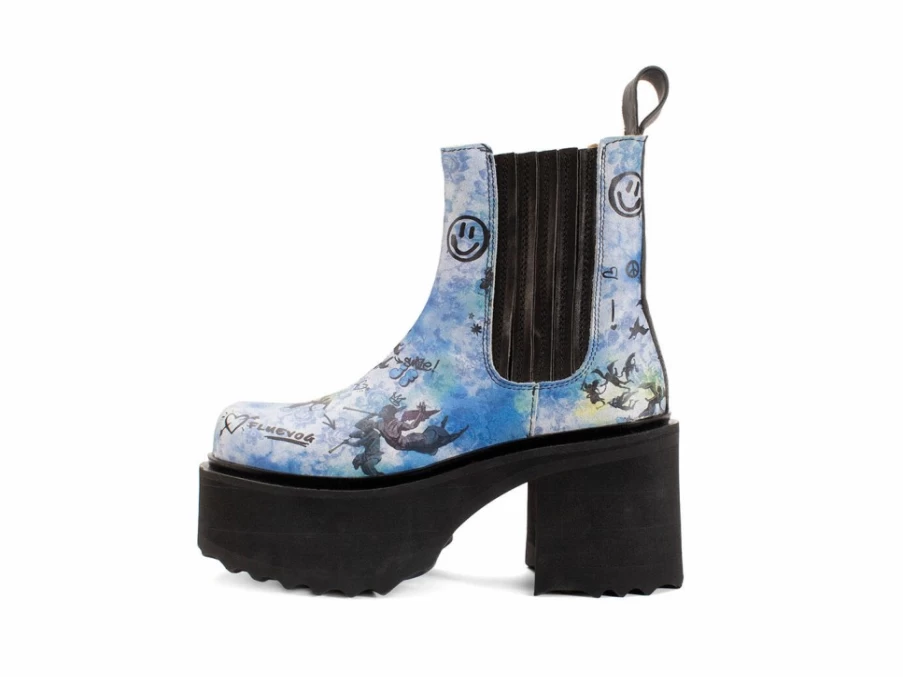 Fluevog Shoes Nerds Platform Chelsea Boot in Blue Graffiti - Stylish & Comfortable Ankle Boots