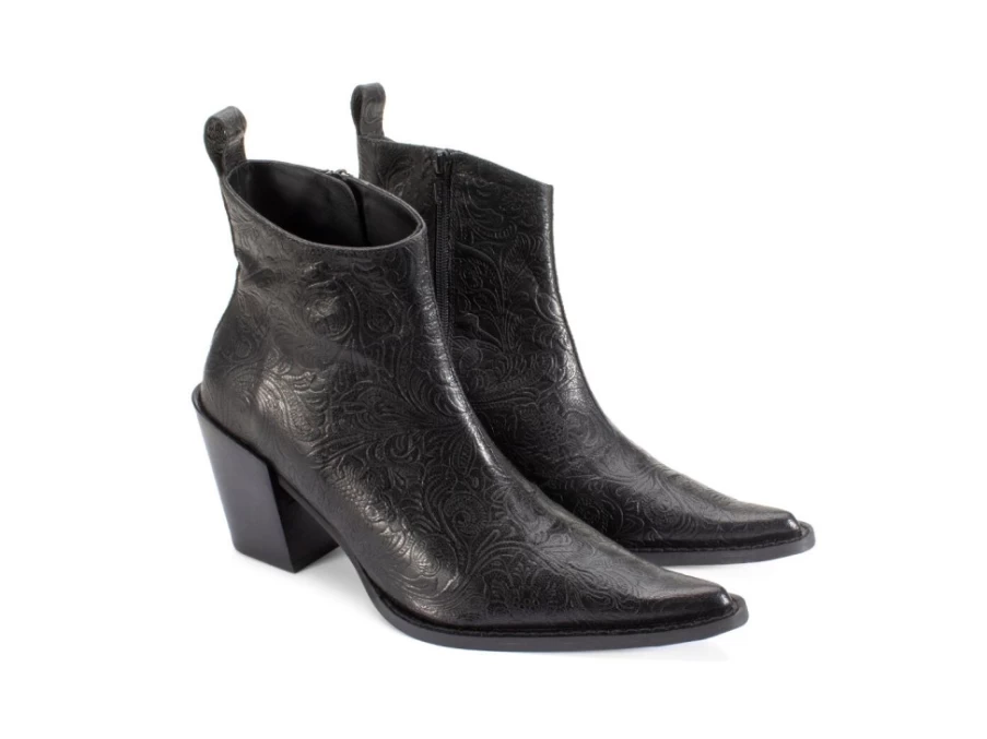 Fluevog Shoes Joan Black Emboss Asymmetrical Ankle Boots for Women