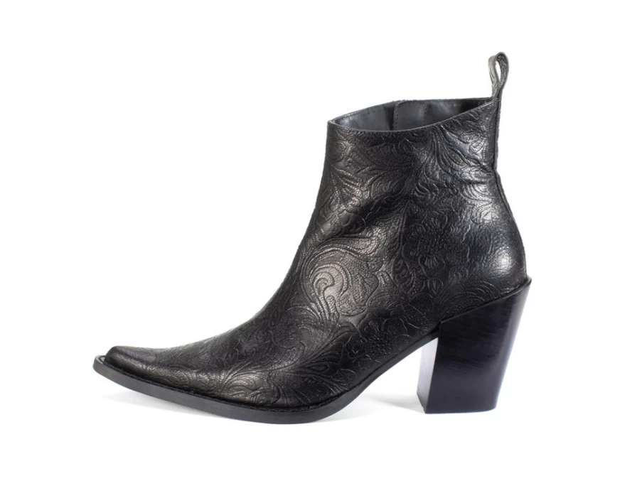 Fluevog Shoes Joan Black Emboss Asymmetrical Ankle Boots for Women