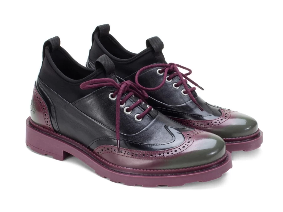 Fluevog Shoes Felix Wingtip Brogue in Black & Purple with Neoprene Detail