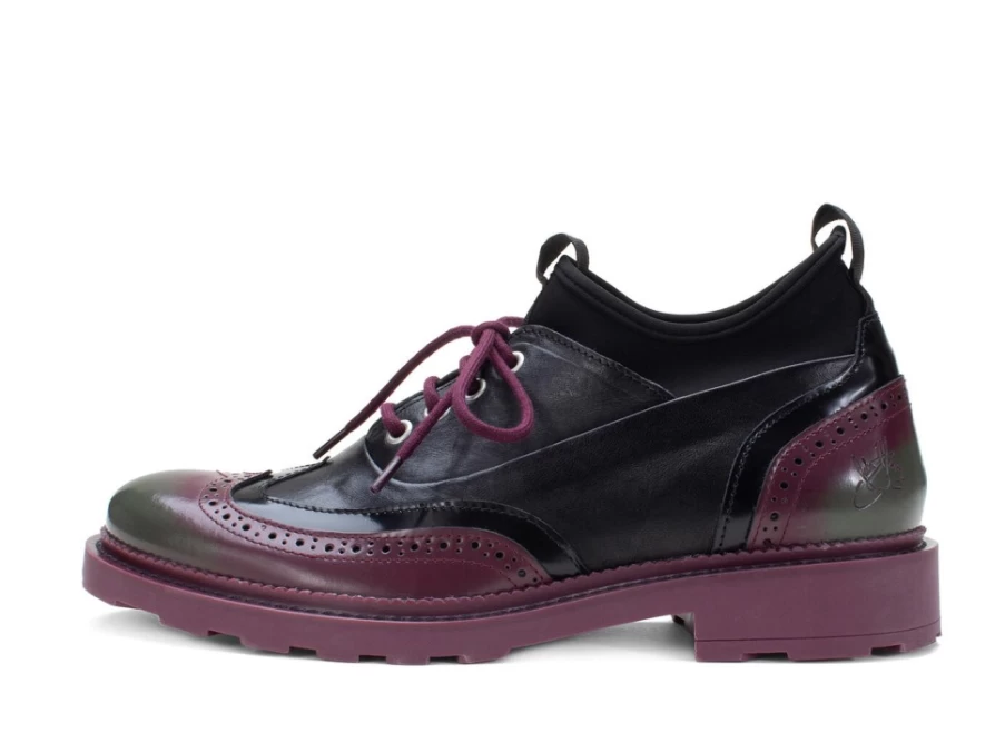 Fluevog Shoes Felix Wingtip Brogue in Black & Purple with Neoprene Detail