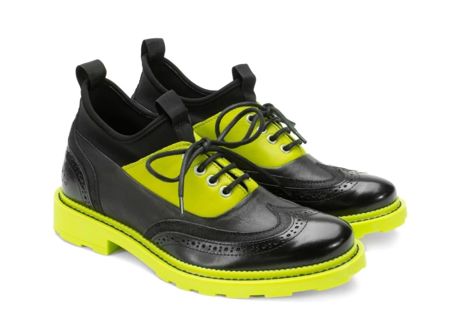 Fluevog Shoes Felix Wingtip Brogue in Black & Lime with Neoprene Detail