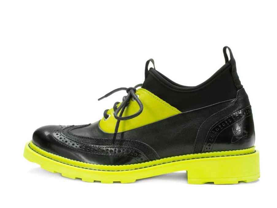 Fluevog Shoes Felix Wingtip Brogue in Black & Lime with Neoprene Detail