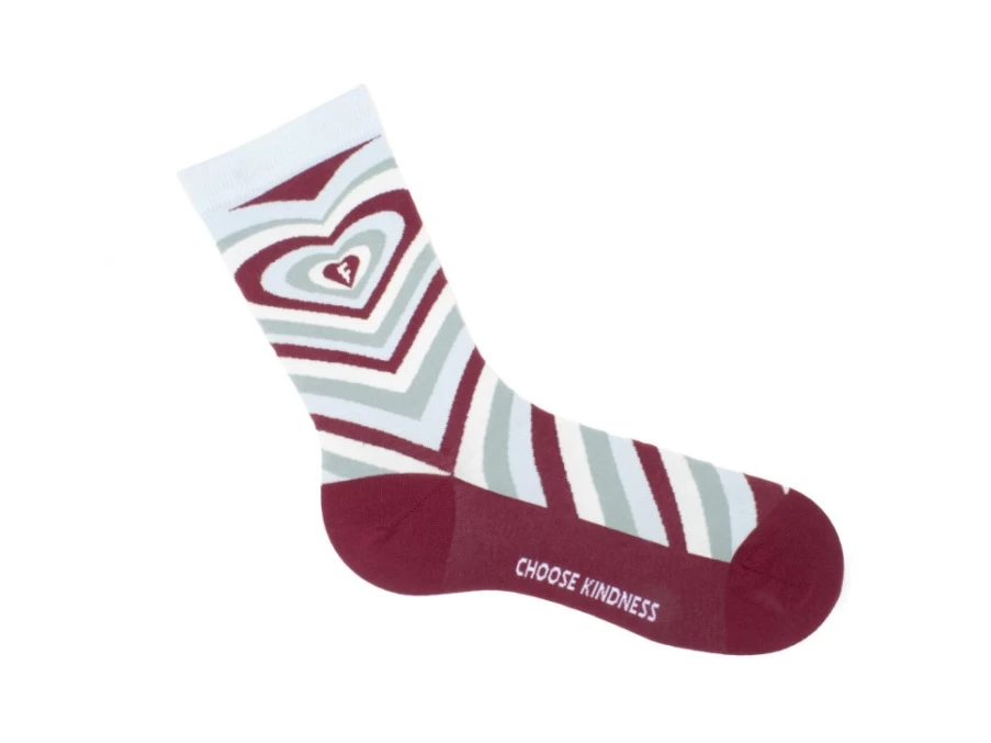 Fluevog Shoes Baobao Vog Socks - Cream Blue Burgundy Heart Illusion Pattern Casual Socks