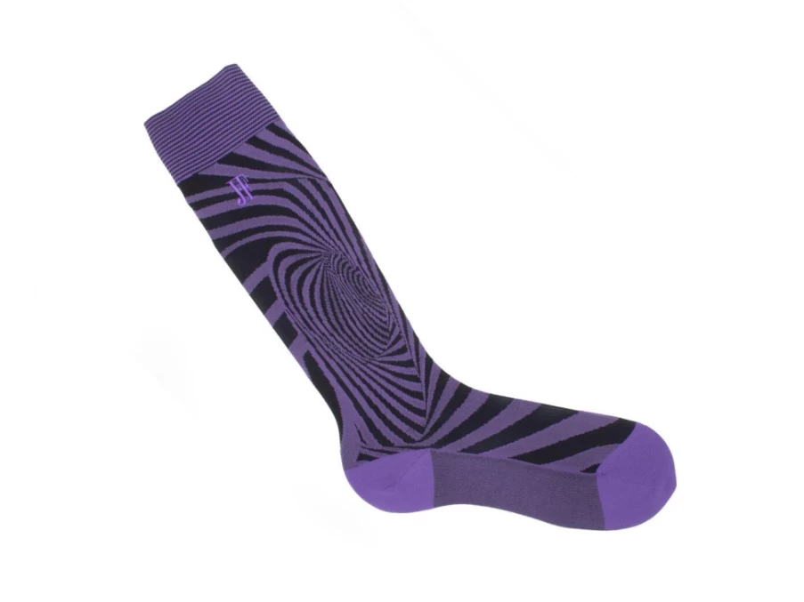 Fluevog Shoes Oberon Vog Knee-High Socks | Purple & Black Optical Illusion Dress Socks