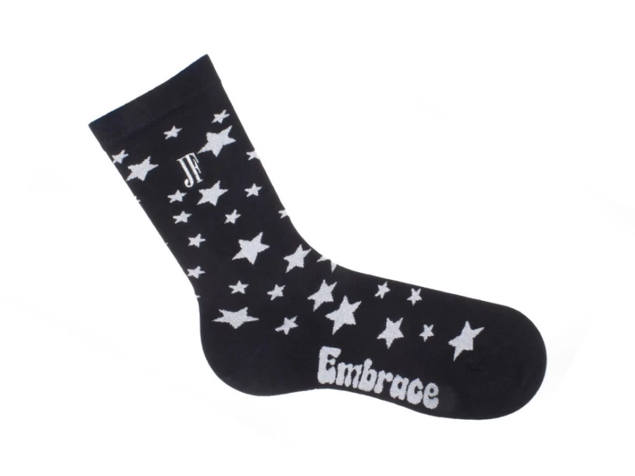 Fluevog Shoes Bianca Vog Socks - Black/Metallic Silver Large Star Pattern Ankle Socks