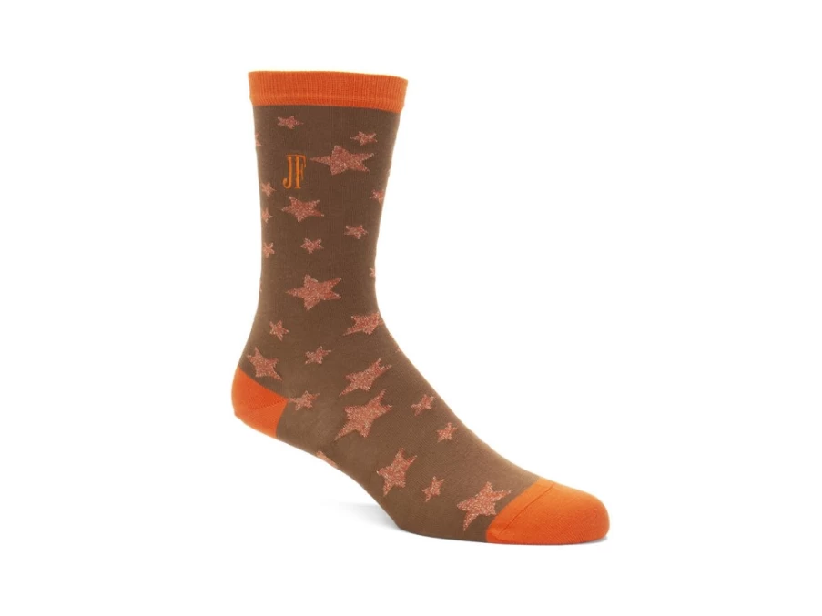Fluevog Shoes Bianca Vog Socks - Brown/Metallic Orange Star Pattern Large Socks
