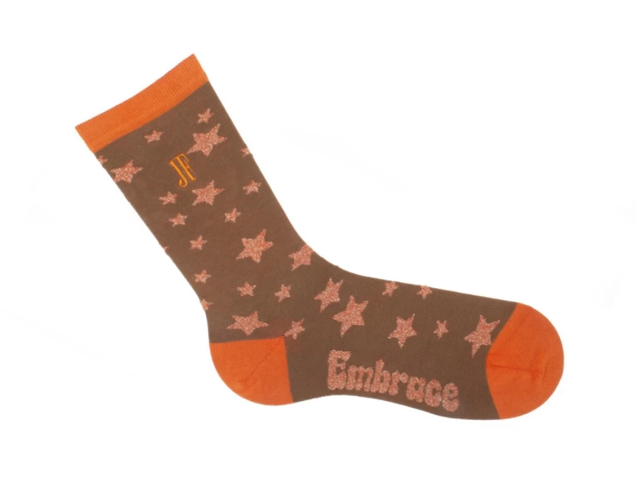 Fluevog Shoes Bianca Vog Socks - Brown/Metallic Orange Star Pattern Large Socks