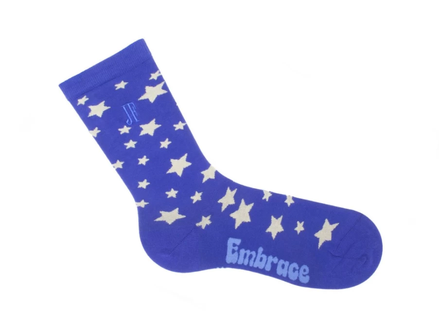 Fluevog Shoes Bianca Vog Socks - Navy/Beige Large Star Pattern Crew Socks