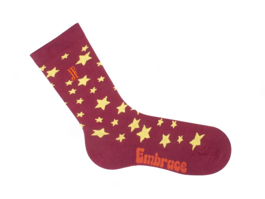 Fluevog Shoes Bianca Vog Socks - Burgundy/Yellow Large Star Pattern Socks