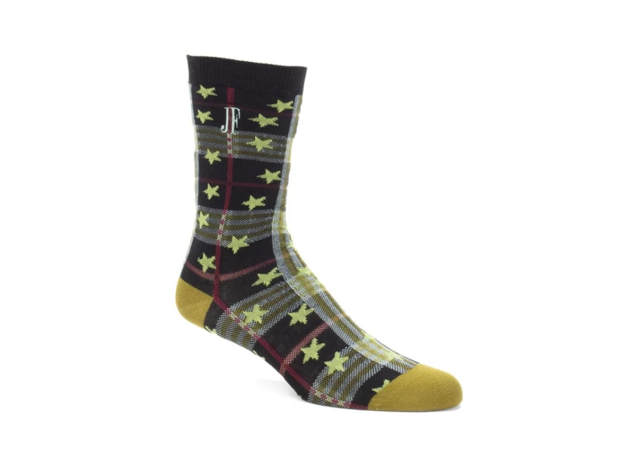 Fluevog Shoes Ebi Vog Socks - Black Plaid and Stars Pattern Socks