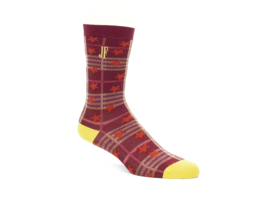 Fluevog Shoes Ebi Vog Socks - Burgundy Plaid and Stars Pattern Socks