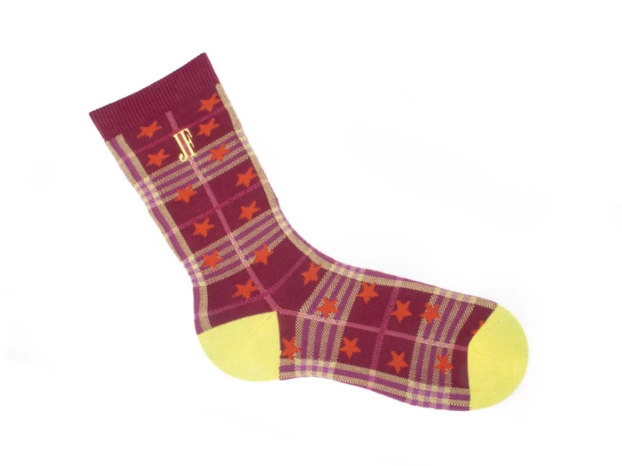 Fluevog Shoes Ebi Vog Socks - Burgundy Plaid and Stars Pattern Socks