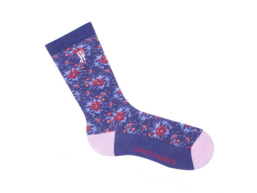 Fluevog Shoes Vintage Floral Socks for Men & Women - Navy Blue Retro Pattern Comfortable Crew Socks