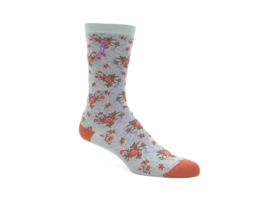 Fluevog Shoes Vintage Floral Socks for Women - Teal/Copper Rey Vog Pattern Comfortable Ankle Socks