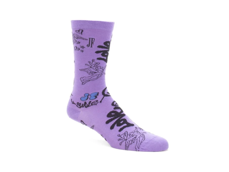 Fluevog Shoes Wolfie Vog Socks - Custom Purple Graffiti Print Socks for Men & Women